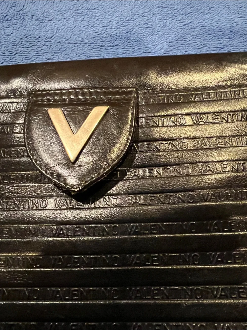 Valentino Black Leather V-Emblem Horizontal Embossed Clutch